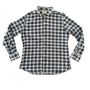 Trial XL Linen Blend‎ Blue Plaid Long Sleeve Button Up Men's Shirt